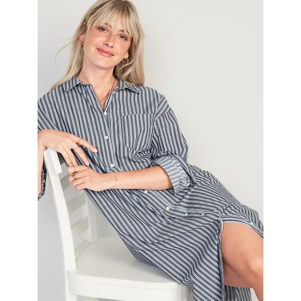 Old Navy Long Sleeve Stripped Cotton Poplin Midi Shift Dress Relaxed Nautical M